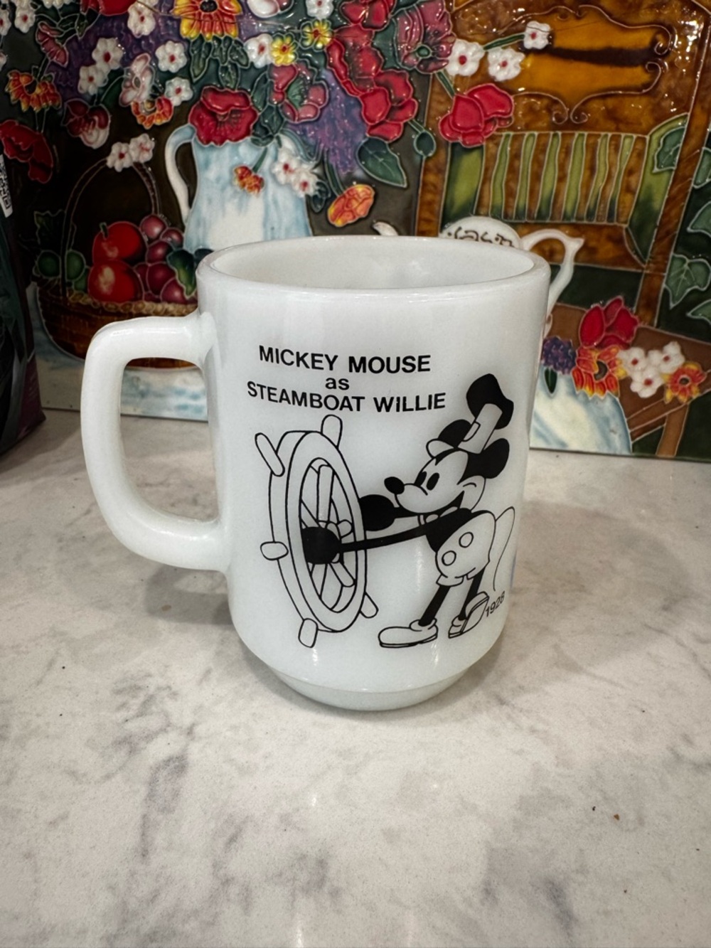 Vintage 1980s Mickey Mouse Steamboat Willie Pepsi Milk Glass Mug Disney